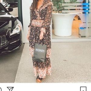 Dark Floral Maxi Ruffle Long Sleeve Dress